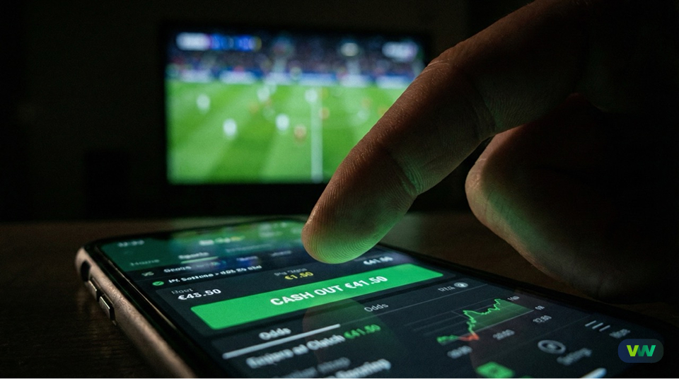 De 'Cash Out' valkuil (vinger drukt op cash-out knop mobiele app)