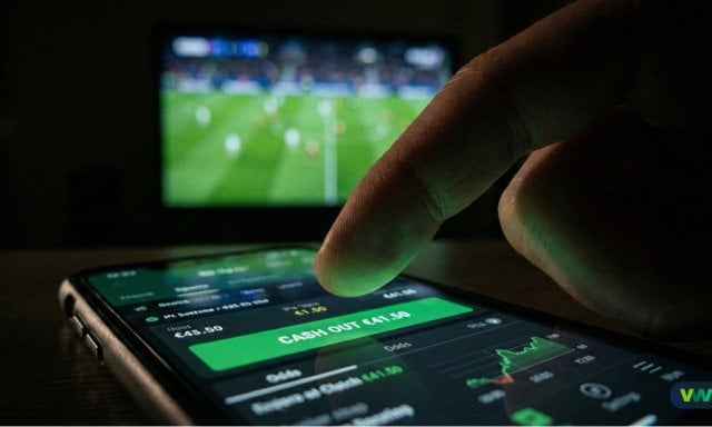 De 'Cash Out' valkuil (vinger drukt op cash-out knop mobiele app)