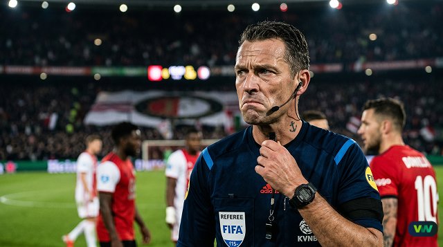 Een geconcentreerde voetbalscheidsrechter met een fluitje op het veld tijdens een wedstrijd, illustratie voor De onzichtbare fluit: Hoe scheidsrechters onbewust wedstrijden beïnvloeden.