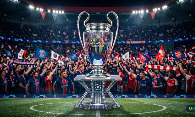 Champions League finale tussen PSG en Arsenal met een glanzende beker en supporters op de achtergrond.