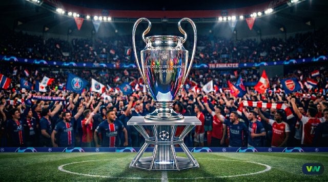Champions League finale tussen PSG en Arsenal met een glanzende beker en supporters op de achtergrond.