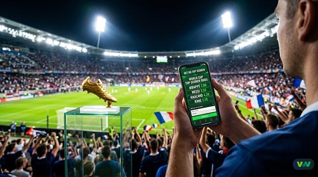 Wedden op de WK 2026 topscorer via een smartphone in een verlicht voetbalstadion met een Gouden Schoen op de achtergrond.