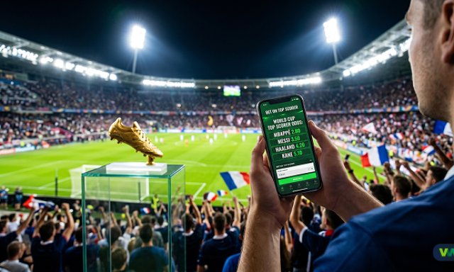 Wedden op de WK 2026 topscorer via een smartphone in een verlicht voetbalstadion met een Gouden Schoen op de achtergrond.
